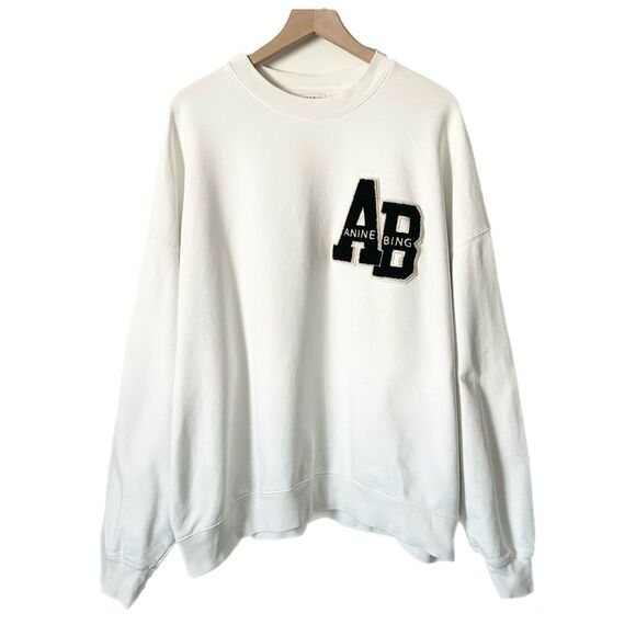 Anine Bing Miles Cotton Crewneck Sweatshirt in White Size Large Patch Logo - Picture 2 of 7